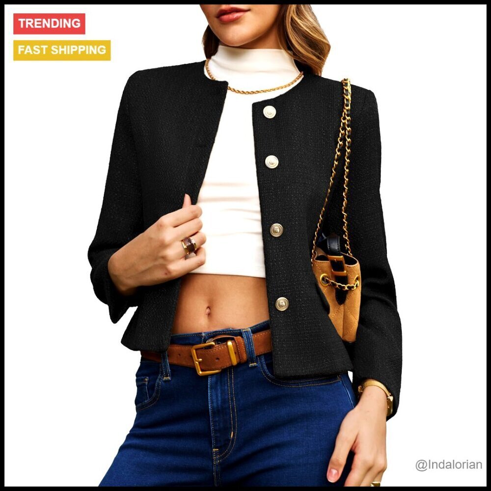Cropped Tweed Blazer Collarless Business Casual Jacket Flap Pockets Chic